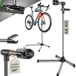 tectake® Fahrradmontageständer, für alle gängigen Modelle, lackschonend, inklusive Werkzeugablage mit Montageschlüssel