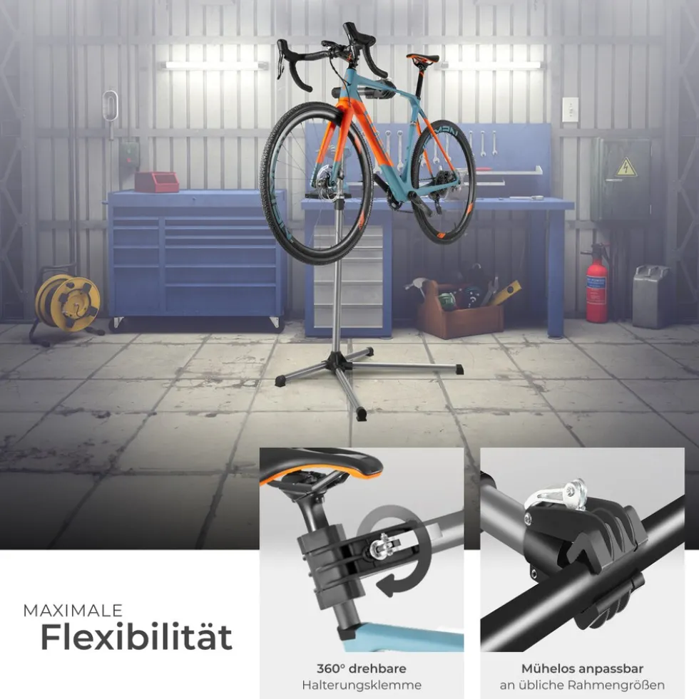 tectake® Fahrradmontageständer, für alle gängigen Modelle, lackschonend, inklusive Werkzeugablage mit Montageschlüssel