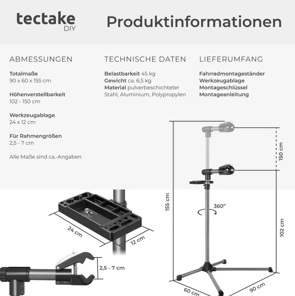 tectake® Fahrradmontageständer, für alle gängigen Modelle, lackschonend, inklusive Werkzeugablage mit Montageschlüssel