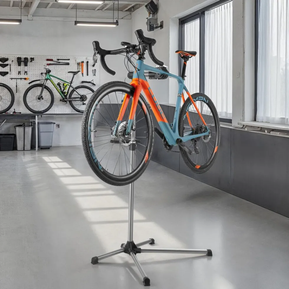 tectake® Fahrradmontageständer, für alle gängigen Modelle, lackschonend, inklusive Werkzeugablage mit Montageschlüssel
