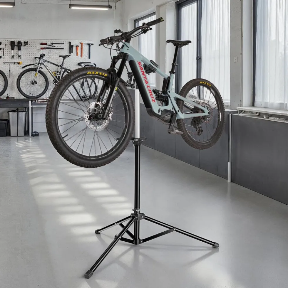 tectake® Fahrradmontageständer, Belastbarkeit 50 kg, klappbar mit Schnellverschlüssen, lackschonend, inklusive Vorderrad-Stabilisator und magnetischer Werkzeugablage
