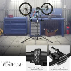 tectake® Fahrradmontageständer, Belastbarkeit 50 kg, klappbar mit Schnellverschlüssen, lackschonend, inklusive Vorderrad-Stabilisator und magnetischer Werkzeugablage