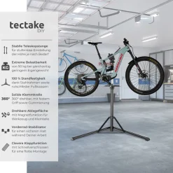 tectake® Fahrradmontageständer, Belastbarkeit 50 kg, klappbar mit Schnellverschlüssen, lackschonend, inklusive Vorderrad-Stabilisator und magnetischer Werkzeugablage