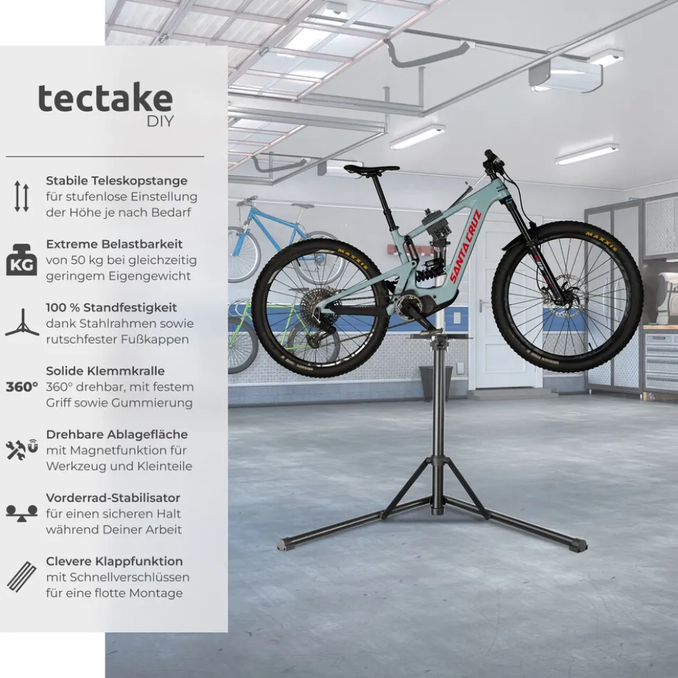 tectake® Fahrradmontageständer, Belastbarkeit 50 kg, klappbar mit Schnellverschlüssen, lackschonend, inklusive Vorderrad-Stabilisator und magnetischer Werkzeugablage