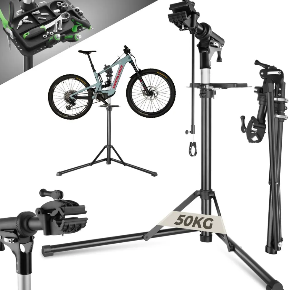 tectake® Fahrradmontageständer, Belastbarkeit 50 kg, klappbar mit Schnellverschlüssen, lackschonend, inklusive Vorderrad-Stabilisator und magnetischer Werkzeugablage