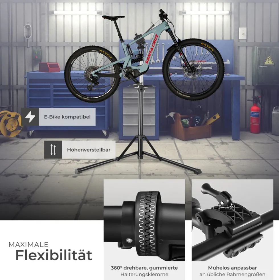 tectake® Fahrradmontageständer, Belastbarkeit 50 kg, klappbar mit Schnellverschlüssen, lackschonend, inklusive Vorderrad-Stabilisator und magnetischer Werkzeugablage