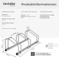 tectake® Fahrradständer, aus rostfreiem Stahl, Boden- und Wandmontage, von beiden Seiten befahrbar