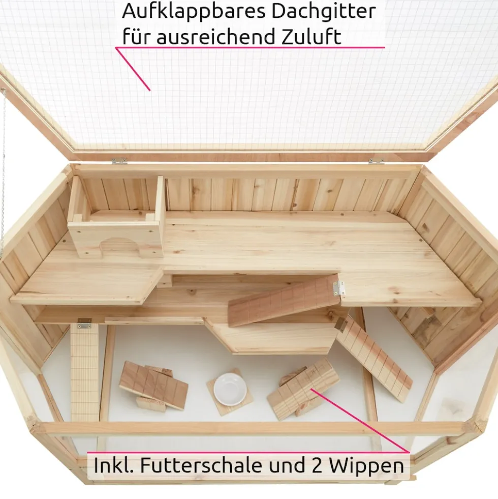 tectake® Hamsterkäfig, aus Holz, aufklappbares Dachgitter, 115 x 60 x 58 cm
