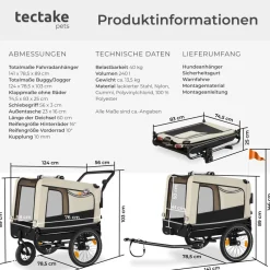 tectake® Hundeanhänger, 3in1 multifunktional, gefedert, Belastbarkeit 40 kg, 240 Liter, inklusive Reflektoren, Leine und Warnfahne