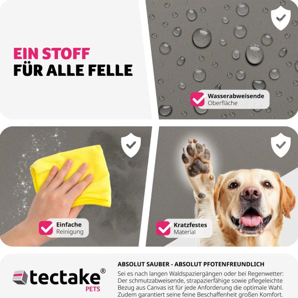 tectake® Hundeautositz, mit Sicherheitsleine und 2 Befestigungsgurten, längenverstellbar, abnehmbare Bezüge aus Canvas, wasserabweisend und waschbar, 55 x 50 x 29 cm