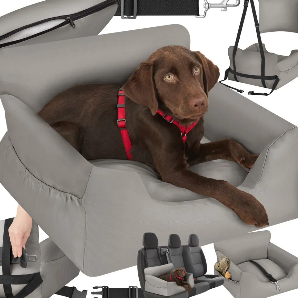 tectake® Hundeautositz, mit Sicherheitsleine und 2 Befestigungsgurten, längenverstellbar, abnehmbare Bezüge aus Canvas, wasserabweisend und waschbar, 55 x 50 x 29 cm