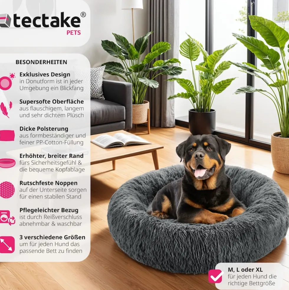 tectake® Hundebett, rund mit langem Plüsch, rutschfeste Unterseite, waschbar