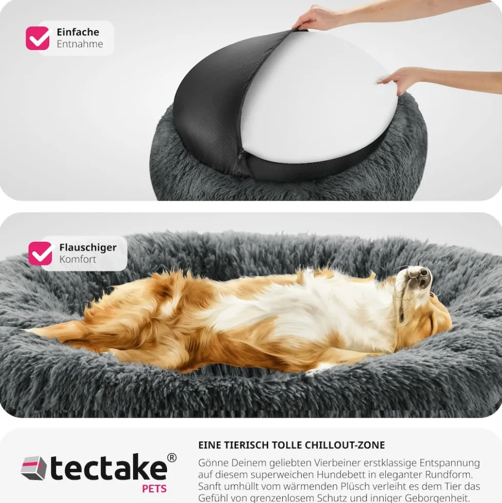 tectake® Hundebett, rund mit langem Plüsch, rutschfeste Unterseite, waschbar