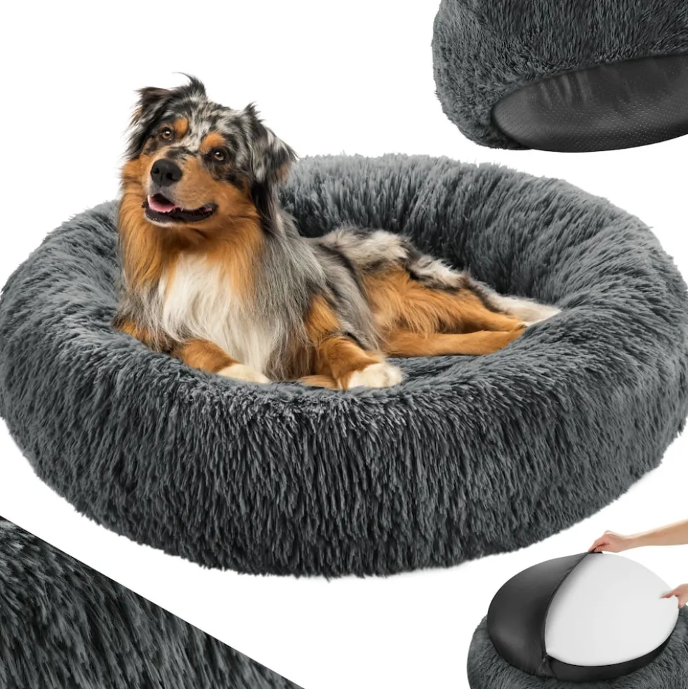 tectake® Hundebett, rund mit langem Plüsch, rutschfeste Unterseite, waschbar