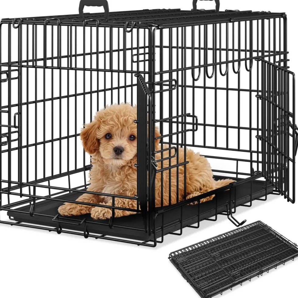 tectake® Hundekäfig-Gitterbox, klappbar, mit 2 Tragegriffen, 2 große Türen mit Doppelverriegelung, herausnehmbarer Boden, abgerundete Ecken
