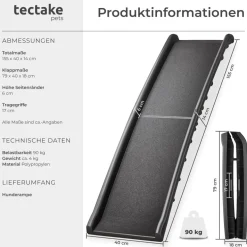 tectake® Hunderampe, klappbar und rutschfest, Belastbarkeit 90 kg, 155 x 40 x 14 cm