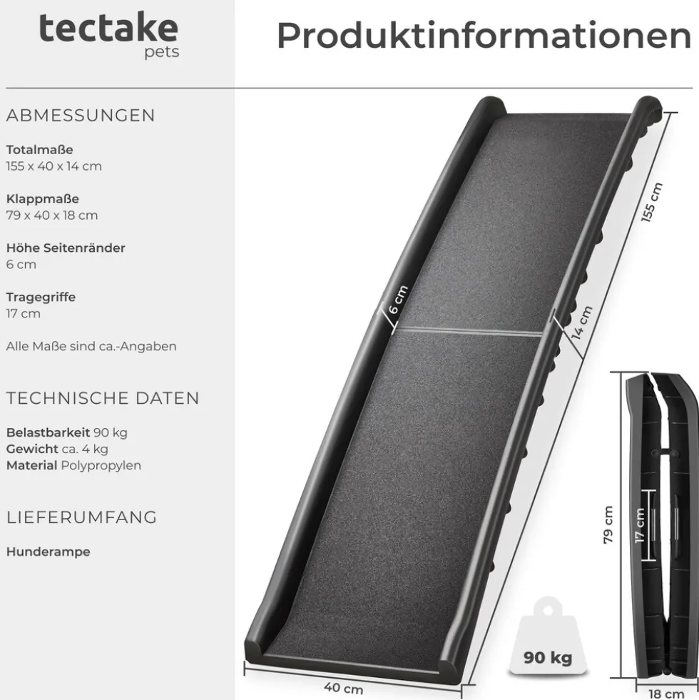 tectake® Hunderampe, klappbar und rutschfest, Belastbarkeit 90 kg, 155 x 40 x 14 cm