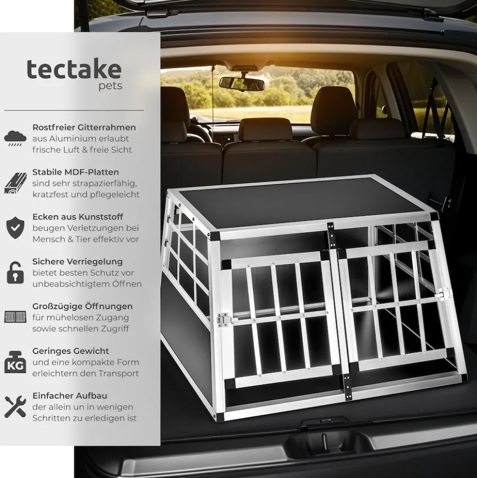 tectake® Hundetransportbox doppel, mit gerader Rückwand, verschließbare Gittertür, mit schützenden Kunststoffecken