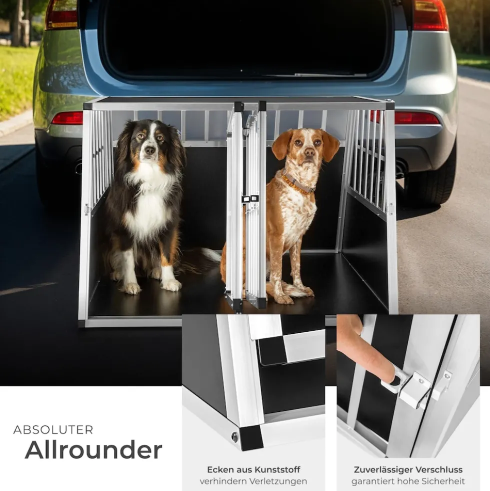 tectake® Hundetransportbox doppel, mit schräger Rückwand, verschließbare Gittertür, mit schützenden Kunststoffecken