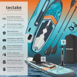tectake® 2in1 Stand-Up Paddle Board 288 cm, aus Drop-Stitch Material, verstellbares Doppelpaddel, Belastbarkeit 200 kg, inklusive Kajak-Sitz
