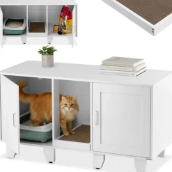 tectake® Katzenschrank, versteckte Eingänge an den Innenseiten, Belüftungslöcher und 4 höhenverstellbare Beine, inklusive Kratzmatte, 120 x 52 x 65 cm