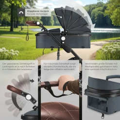 tectake® Kombi-Kinderwagen, 2 in 1, klappbar, mit 5-Punkt-Gurt, Bremse, Schutzbügel und Handschlaufe, pulverbeschichteter Aluminiumrahmen, pflegeleichter Stoffbezug, für 0 bis 36 Monate geeignet, Belastbarkeit 15 kg