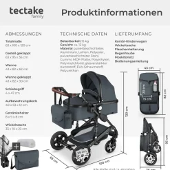tectake® Kombi-Kinderwagen, 2 in 1, klappbar, mit 5-Punkt-Gurt, Bremse, Schutzbügel und Handschlaufe, pulverbeschichteter Aluminiumrahmen, pflegeleichter Stoffbezug, für 0 bis 36 Monate geeignet, Belastbarkeit 15 kg