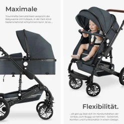 tectake® Kombi-Kinderwagen, 2 in 1, klappbar, mit 5-Punkt-Gurt, Bremse, Schutzbügel und Handschlaufe, pulverbeschichteter Aluminiumrahmen, pflegeleichter Stoffbezug, für 0 bis 36 Monate geeignet, Belastbarkeit 15 kg