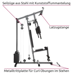 tectake® Kraftstation, mit Butterfly- und Beinstreckermodul, gepolstert mit Kunstlederbezug, 160 x 98 x 203 cm