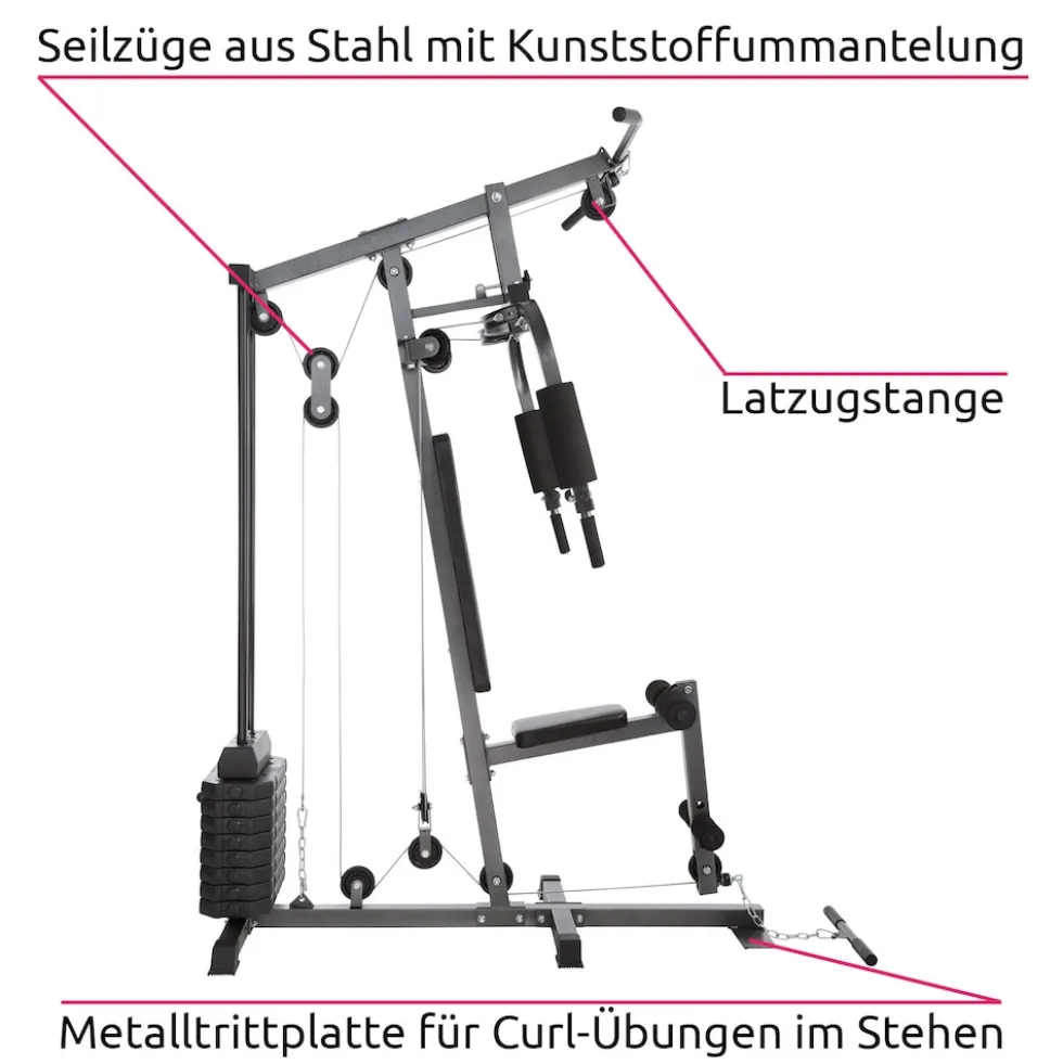 tectake® Kraftstation, mit Butterfly- und Beinstreckermodul, gepolstert mit Kunstlederbezug, 160 x 98 x 203 cm