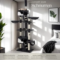 tectake® Kratzbaum, 243 bis 260 cm, mit 2 Katzenhäusern, inklusive 2 Treppen, 2 Spielbällen, Deckenspanner und Kippschutz