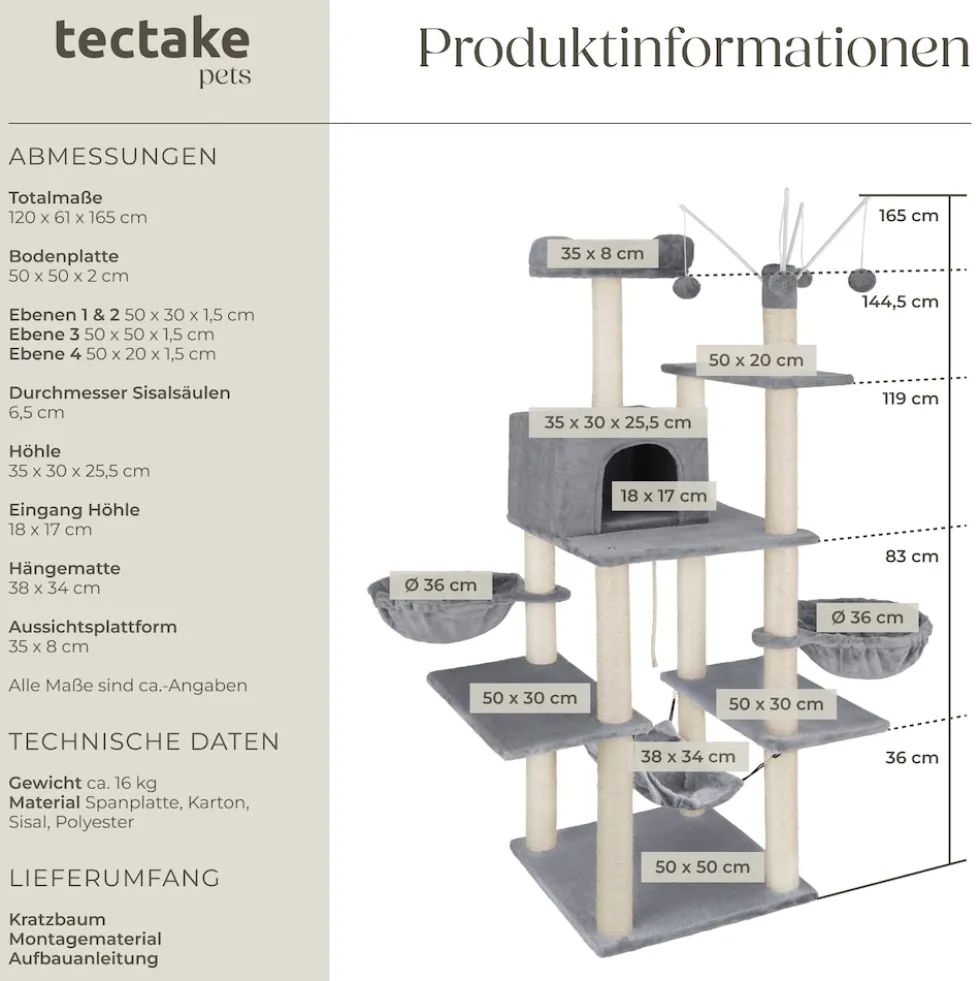 tectake® Kratzbaum, 165 cm, mit Katzenhaus, inklusive 4 Spielbällen, Kordel und Kippschutz