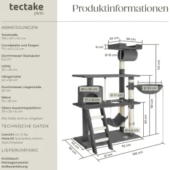 tectake® Kratzbaum, 141 cm, mit Katzenhaus, inklusive Treppe, Spielkordel und Kippschutz