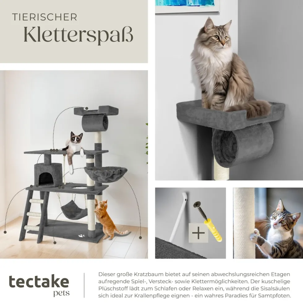tectake® Kratzbaum, 141 cm, mit Katzenhaus, inklusive Treppe, Spielkordel und Kippschutz