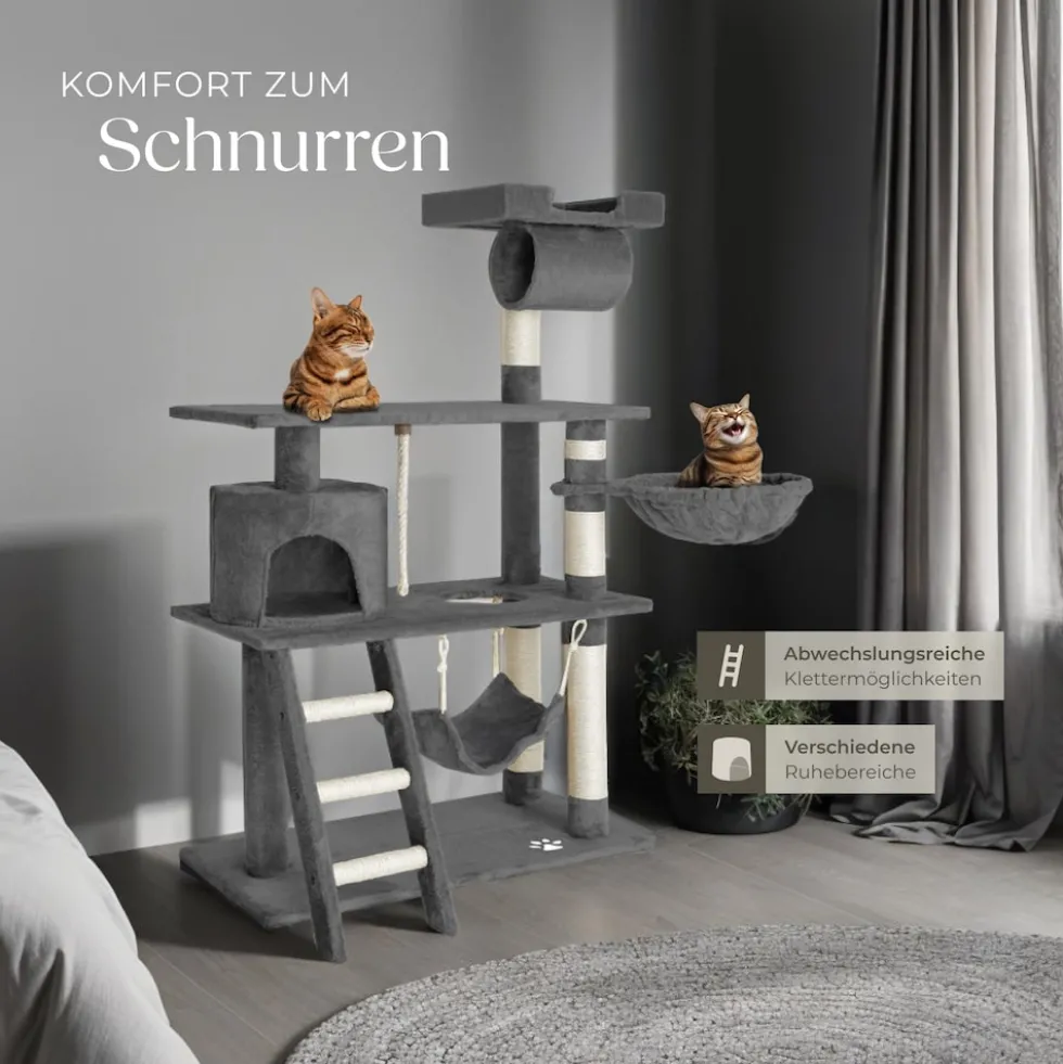 tectake® Kratzbaum, 141 cm, mit Katzenhaus, inklusive Treppe, Spielkordel und Kippschutz