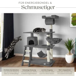 tectake® Kratzbaum, 141 cm, mit Katzenhaus, inklusive Treppe, Spielkordel und Kippschutz