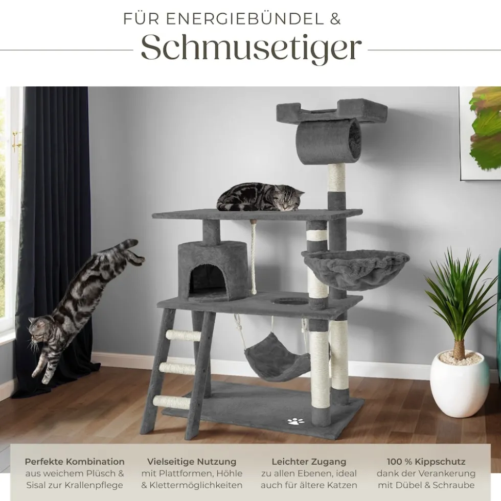 tectake® Kratzbaum, 141 cm, mit Katzenhaus, inklusive Treppe, Spielkordel und Kippschutz