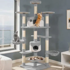 tectake® Kratzbaum, 201 cm, mit 2 Katzenhäusern, inklusive Spielkordel und Kippschutz