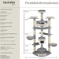 tectake® Kratzbaum, 201 cm, mit 2 Katzenhäusern, inklusive Spielkordel und Kippschutz
