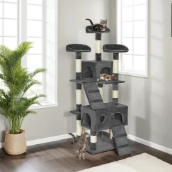 tectake® Kratzbaum, 170 cm, mit 2 Katzenhäusern, inklusive 2 Treppen und Kippschutz