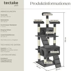 tectake® Kratzbaum, 170 cm, mit 2 Katzenhäusern, inklusive 2 Treppen und Kippschutz