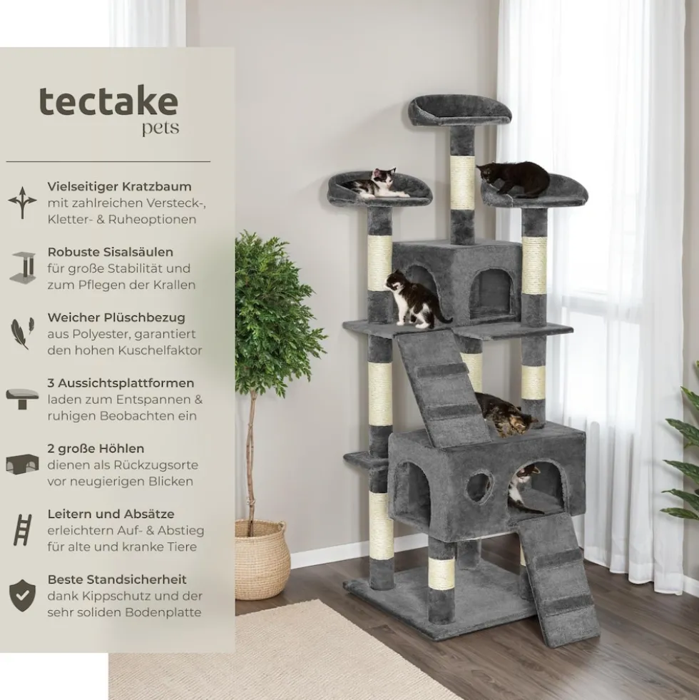 tectake® Kratzbaum, 170 cm, mit 2 Katzenhäusern, inklusive 2 Treppen und Kippschutz