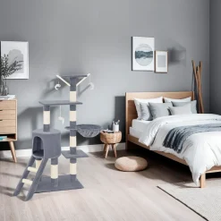 tectake® Kratzbaum, 144 cm, mit Katzenhaus, inklusive Treppe, 3 Spielmäusen und Kippschutz