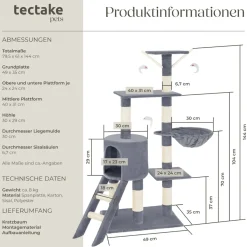 tectake® Kratzbaum, 144 cm, mit Katzenhaus, inklusive Treppe, 3 Spielmäusen und Kippschutz