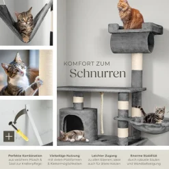 tectake® Kratzbaum, 141 cm, mit Katzenhaus, inklusive Spielkordel und Kippschutz