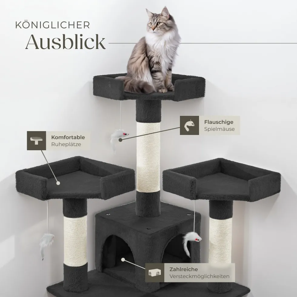 tectake® Kratzbaum, 170 cm, mit 2 Katzenhäusern, inklusive 2 Treppen, 4 Spielmäusen und Kippschutz