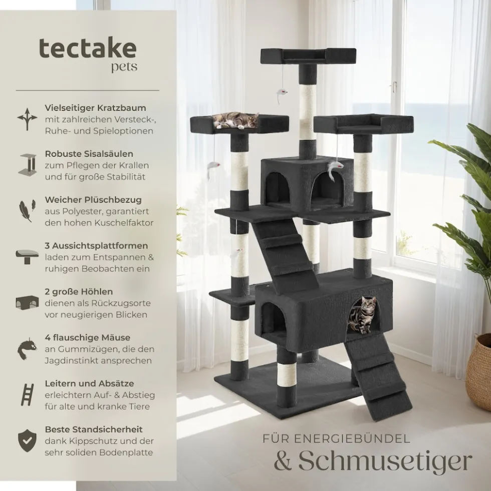 tectake® Kratzbaum, 170 cm, mit 2 Katzenhäusern, inklusive 2 Treppen, 4 Spielmäusen und Kippschutz