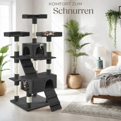 tectake® Kratzbaum, 170 cm, mit 2 Katzenhäusern, inklusive 2 Treppen, 4 Spielmäusen und Kippschutz
