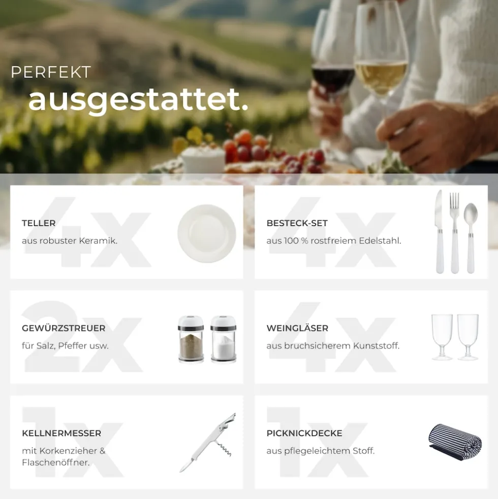 tectake® Picknickkorb, für 4 Personen, mit Picknickdecke, geflochtene Weide, mit Drehverschluss und Tragegriff, inkl. 20-teiliges Geschirrset, Kellnermesser und Gewürzstreuer