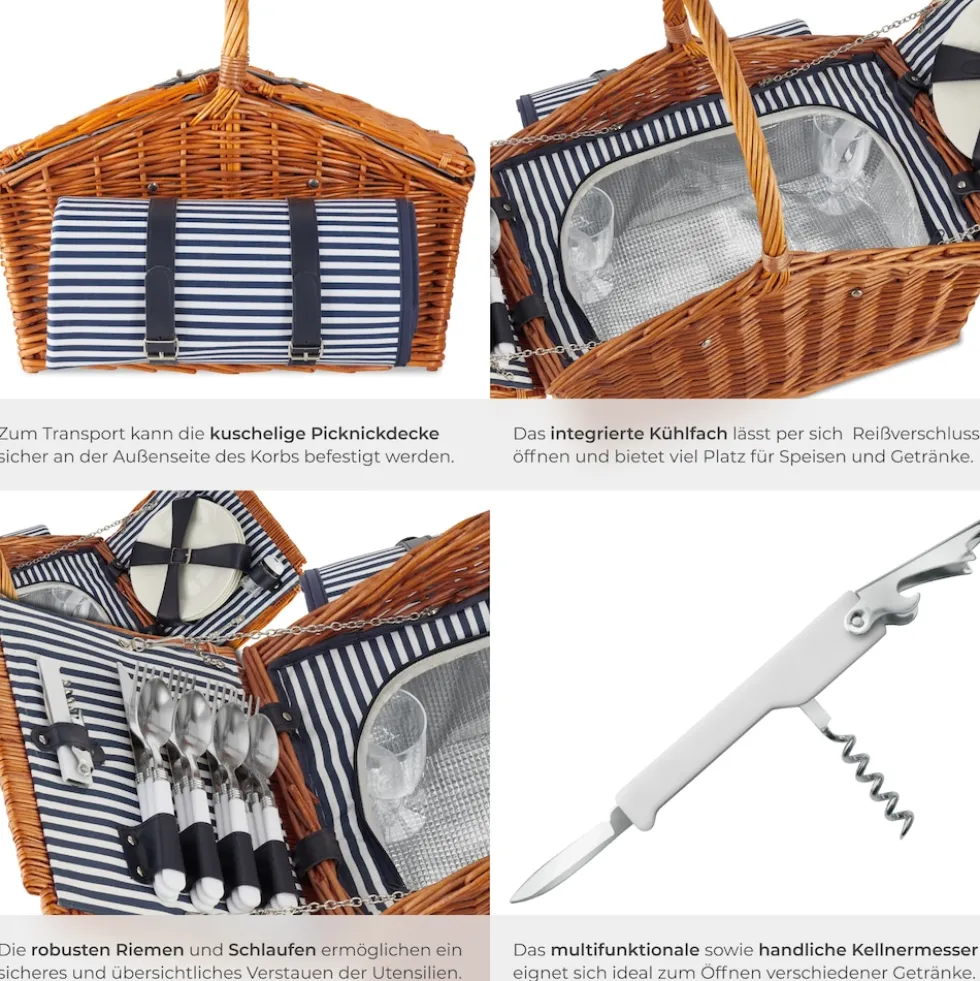 tectake® Picknickkorb, für 4 Personen, mit Picknickdecke, geflochtene Weide, mit Drehverschluss und Tragegriff, inkl. 20-teiliges Geschirrset, Kellnermesser und Gewürzstreuer